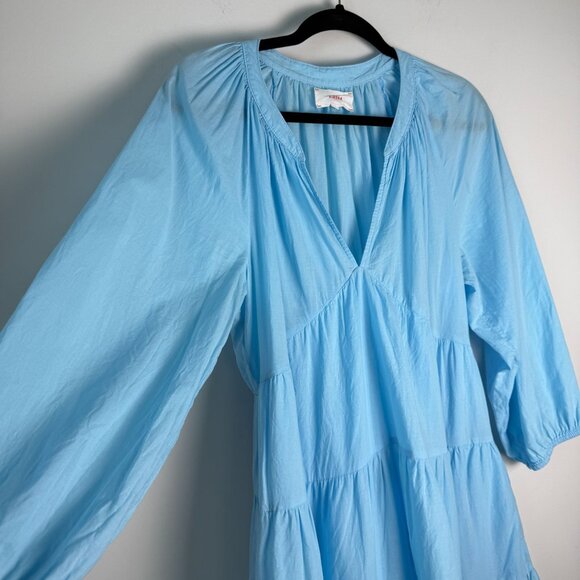 Xirena Mini Dress Nadia Tiered Blouson-Sleeve Poplin Bluebird Sz M Coastal - Picture 2 of 9